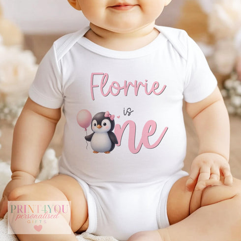 Personalised Penguin 1st Birthday Outfit | Baby Girl Vest, Sleepsuit, T-Shirt, Bib or Pyjama Set | Pink Penguin Birthday Gift