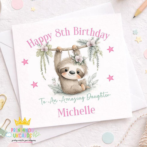 Personalised Sloth Birthday Card – Custom Name & Relation Floral Keepsake 6x6 Inch - Front only