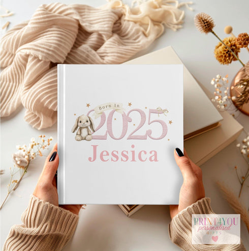 Personalised Baby Photo Album - Custom Baby Keepsake - 22x22cm, Holds 76 Photos, Born in 2025, Pink Bunny Rabbit Design