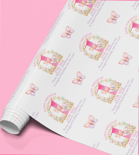 a roll of paper with a repeating pattern of butterflies and a pink number one on it.