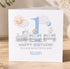 A birthday card with a train and rabbits, along with a sun and clouds, and a message that reads "Happy Birthday to our beautiful son Noah".
