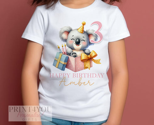 Personalised Koala Birthday T-Shirt ANY AGE - Cotton White Top, Any Age, Girls Cute Party Top