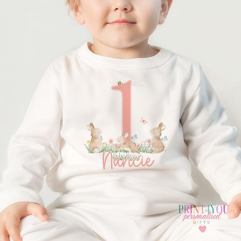 Personalised Bunny Rabbit First Birthday T-shirt, Sleepsuit, Vest or Bib, Blue Text