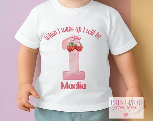 When I Wake Up I will Be 1 – Personalised Strawberry 1st Birthday Outfit | Custom Name Baby Vest, Sleepsuit or T-Shirt | DTG Cotton Gift