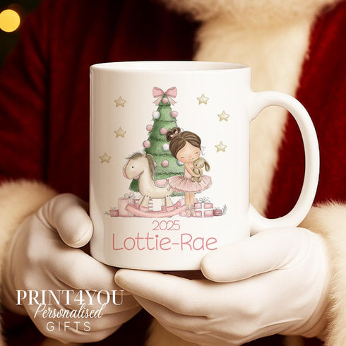 Personalised Christmas Mug - Pink Ballerina Festive Ceramic Cup with Custom Name