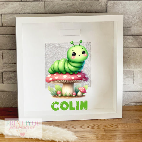 Personalised White Wooden Money Box Frame with Green Caterpillar Custom Name Savings Bank Ideal New Baby Gift