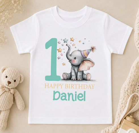 Personalised first birthday t-shirt with party elephant design and custom name printed on soft cotton