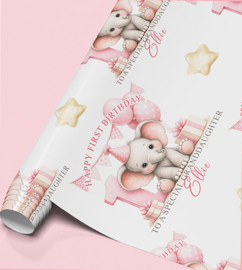Personalised Birthday Wrapping Paper - Pink Elephant 1st Birthday Gift Wrap Custom Name