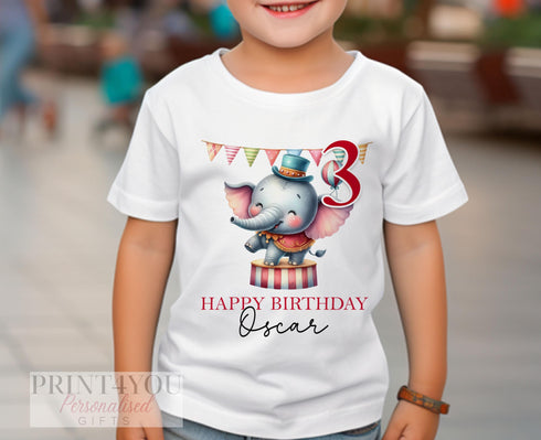 Personalised Circus Birthday T-Shirt ANY AGE - Cotton White Top, Any Age, Circus Elephant Party Top