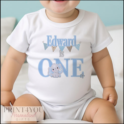 Personalised Blue Elephant Sleepsuit for First Birthday - When I Wake Up I Am ONE Vest for Boys