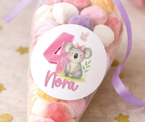 Personalised Koala Stickers – Pink Number Birthday Party Labels – Custom Name Seals - Strips (5cm each)