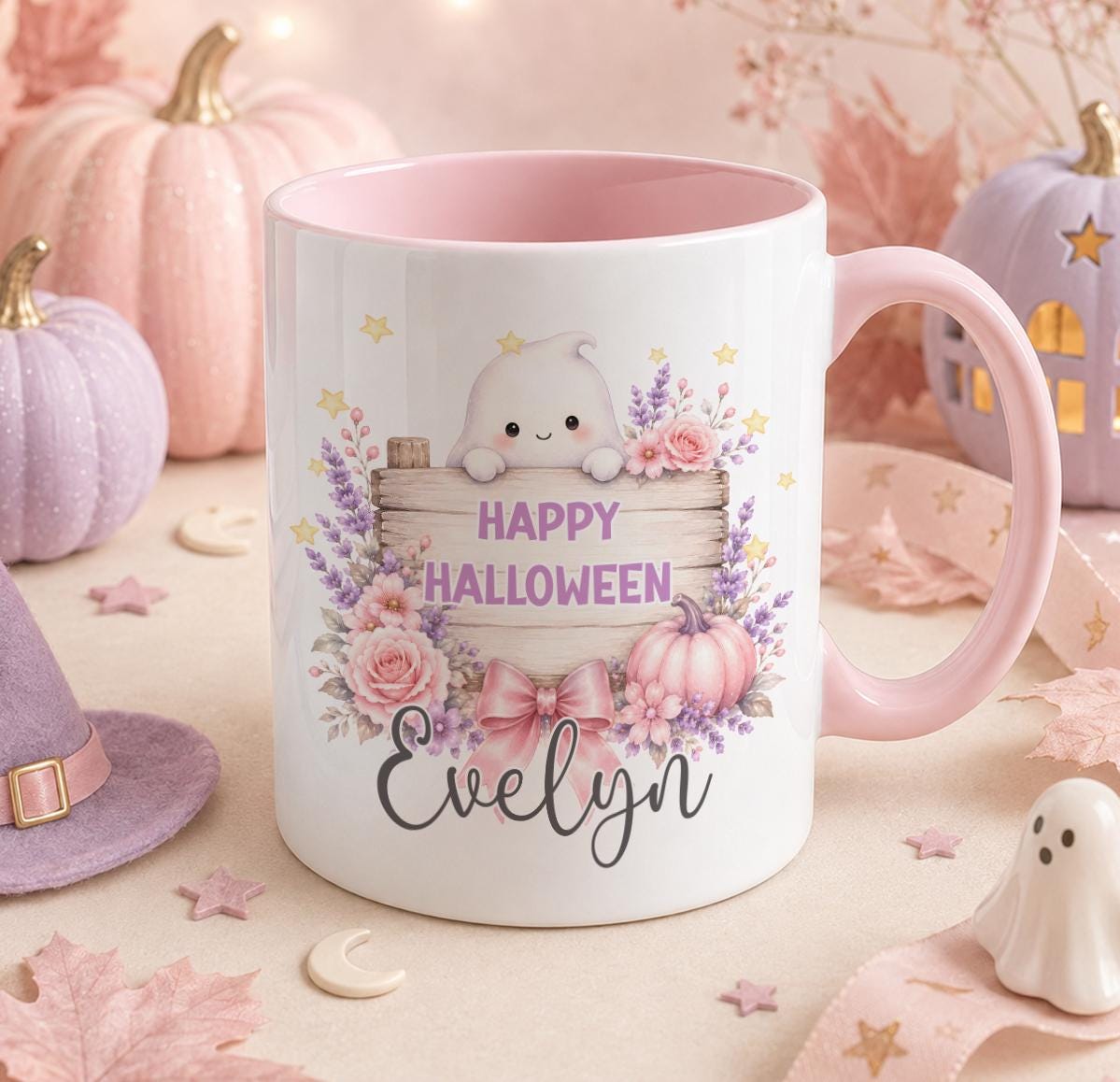 Personalised pastel Halloween ghost mug with floral wooden sign, pink pumpkin and custom name, cute ghost coffee mug