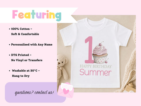 Personalised first birthday t-shirt with pink cupcake design, styled with a soft toy
