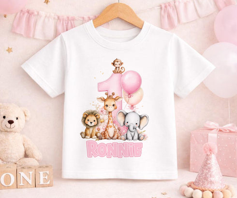Girls 1st Birthday Pyjamas – Personalised Pink Safari Animals Pyjama Set
