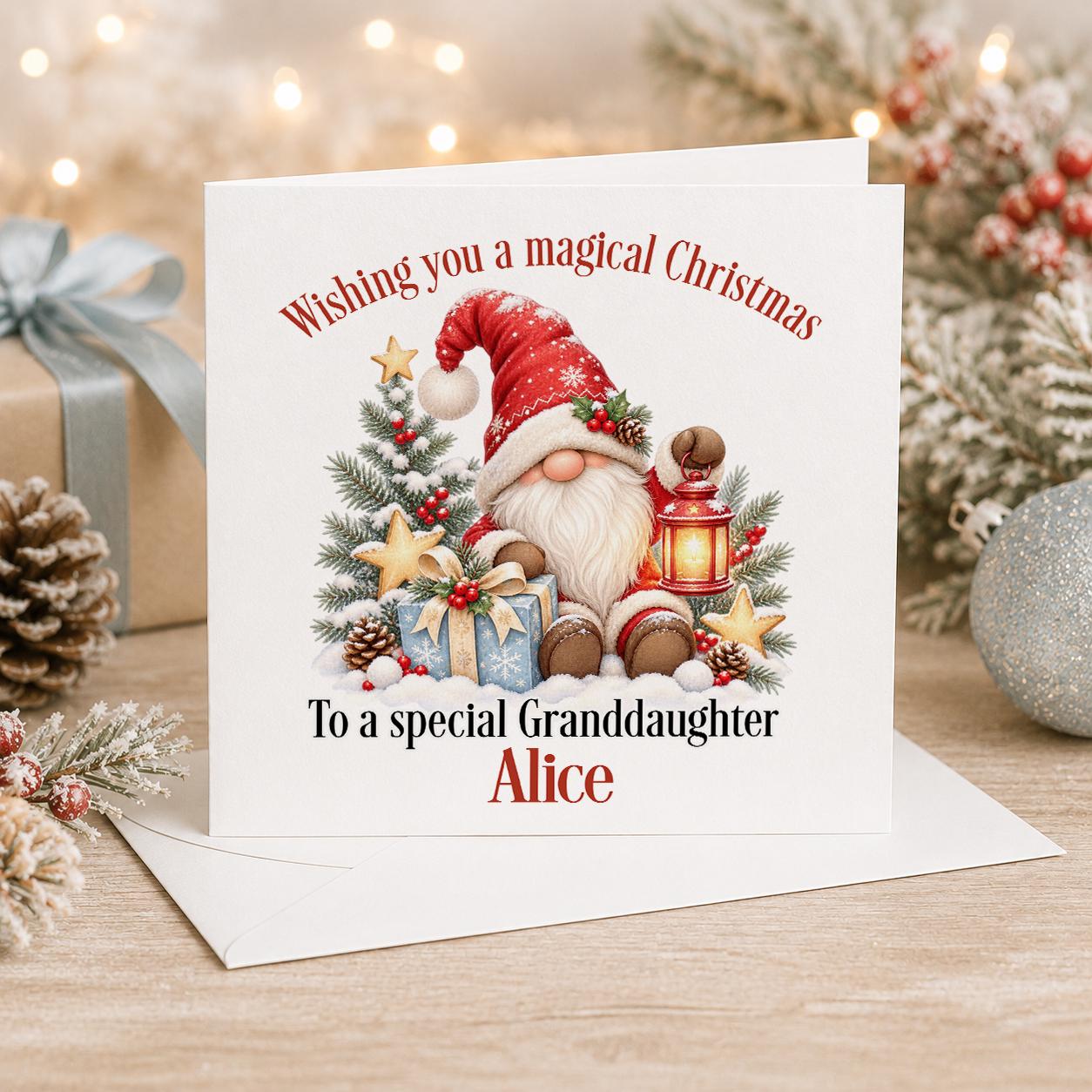 Personalised gnome Christmas card, white 6x6 inch square card printed with a gonk, a reindeer and a Christmas tree with a name