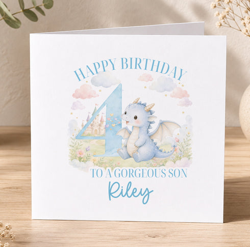 A birthday card with a dragon and the number 4, along with the text "Happy Birthday to a Gorgeous Son Riley".