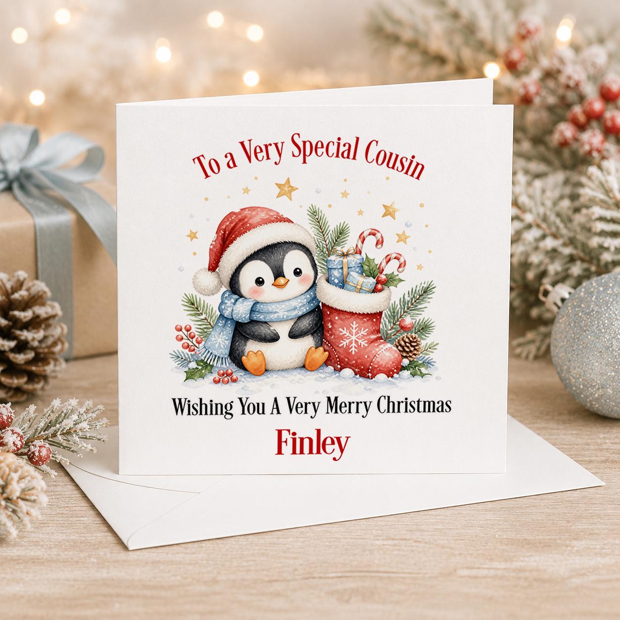 Personalised penguin Christmas card, white 6x6 inch square card printed with a penguin beside a red stocking of presents and a name