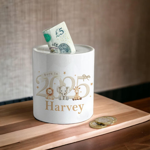 Personalised Ceramic White Money Box Coin Bank - Safari Born in 2025 Design