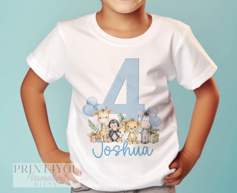 Personalised Blue Safari Birthday T-Shirt – Jungle Animal Boys Top with Name & Age, DTG Printed, 6m–10yrs, Custom Gift