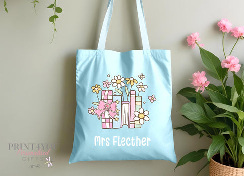 Personalised Teacher Tote Bag with Floral Design Books Custom Name Gift for Educators Perfect End-of-Term Thank You 10L Capacity