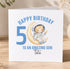 A birthday card with a cartoon astronaut on a crescent moon, celebrating a 50th birthday.