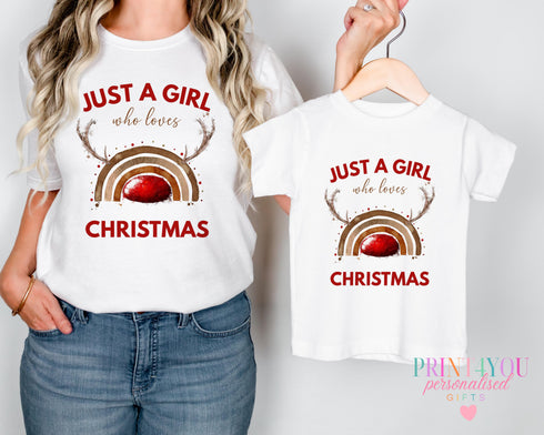 Mummy and Me Christmas T-Shirts Just a Girl Who Loves Xmas Matching Tops - Reindeer Rainbow