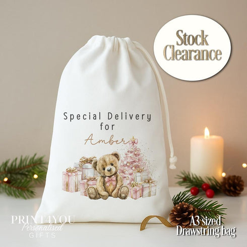 Personalised Teddy Christmas Drawstring Bag – Special Delivery Pink A3 Sack