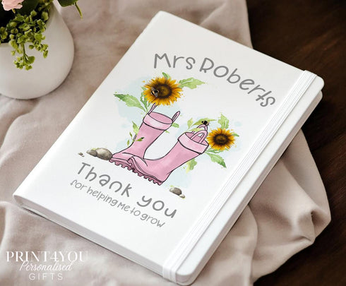 Personalised Teacher Gift A5 White PU Leather Notebook - Thank you teacher gifts, Thanks for helping me to Grow, Teaching assistant