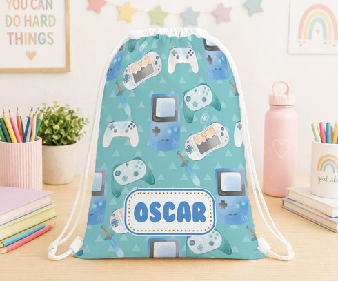 Personalised Gamer Bag – Custom Name Kids Drawstring Bag – Durable Polyester, Water Resistant