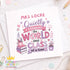 Personalised teacher thank you card with pink and purple typography reading “Quietly changing the world one class at a time”, with books, pencils and classroom illustrations