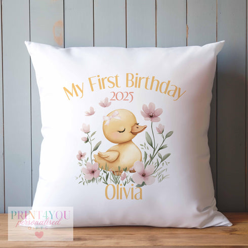 Personalised Duck Cushion Cover for Baby Girls First Birthday Super Soft Washable Gift