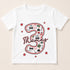 A white t-shirt with a graphic design featuring the number 3 and various icons, including a car, a train, and a building.