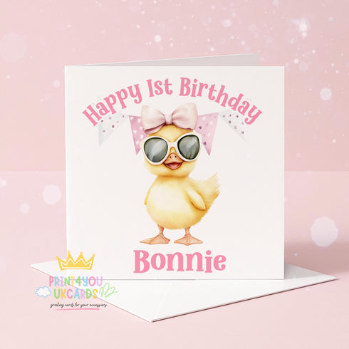 Personalised Duck Birthday Card – Custom Name & Age | Cute Pink 6x6 Inch Design