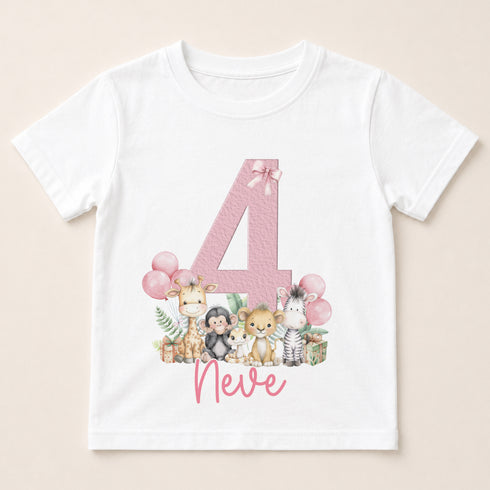 A white t-shirt with a pink number 4 and various animal illustrations, including giraffes, zebras, and elephants, along with pink balloons.