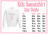 The image is a size guide for kids' sweatshirts, providing measurements for different age groups.