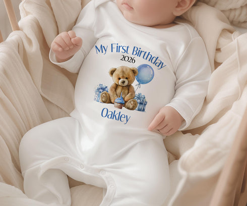 First Birthday Outfit – Personalised Teddy Bear Birthday Top Blue Baby Pyjamas