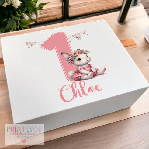 Personalised Baby's First Keepsake Box: White Sturdy Card with Magnetic Closure - Pink Ballerina Bunny Rabbit