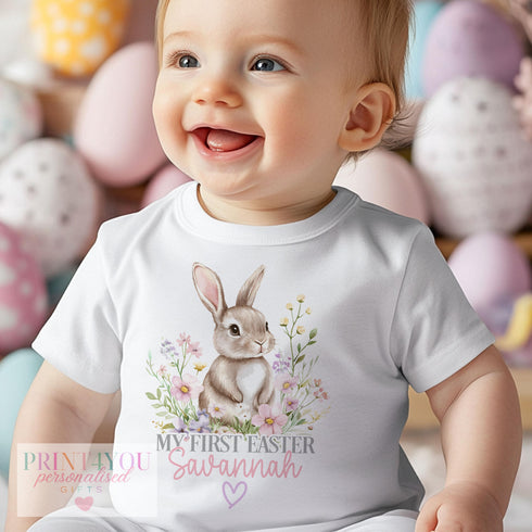 Easter Babygrow, Babies 1st Easter, My First Easter, First Easter sleepsuit, New baby gift, Easter baby outfit, Bunny Rabbit with Flowers