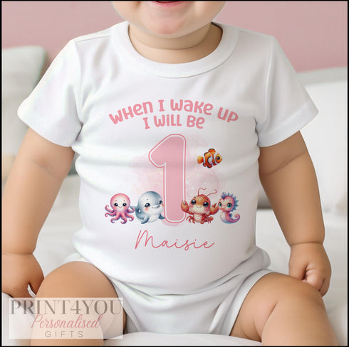 Under the Sea Pink Personalised 'When I Wake Up I Will Be One' Sleepsuit & Vest - 1st Birthday Outfit