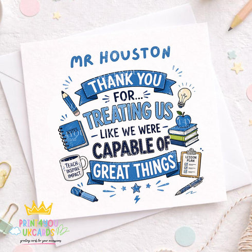 Funny teacher thank you card personalised with name, blue school themed card with books apple pencil, end of term thank you card for male teacher sir