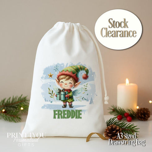 Personalised Christmas Elf Drawstring Bag – A3 Size Gift Sack