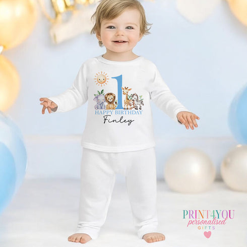 Personalised First Birthday Baby Pyjamas – 100% Cotton - Blue Safari