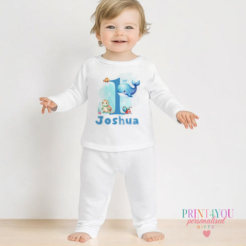 Personalised First Birthday Baby Pyjamas – 100% Cotton - Blue Under the Sea