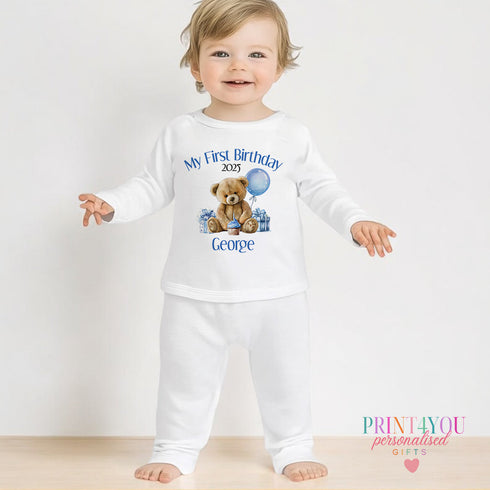 Personalised First Birthday Baby Pyjamas – 100% Cotton - Blue teddy bear 1st Birthday