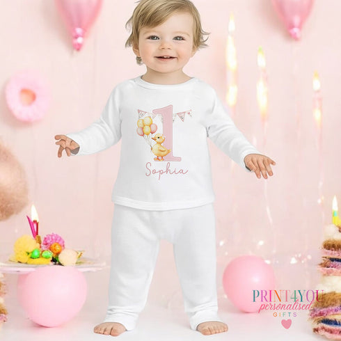 Personalised First Birthday Baby Pyjamas – 100% Cotton - Fully Duck Pink Design