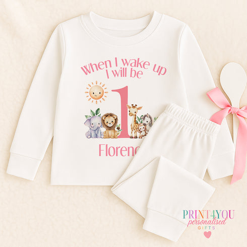 Personalised Pink Safari Sleepsuit Vest Set Perfect for First Birthday Celebration
