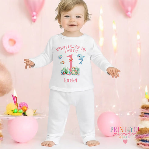 Personalised First Birthday Baby Pyjamas – 100% Cotton - When I wake up Pink Sea Theme