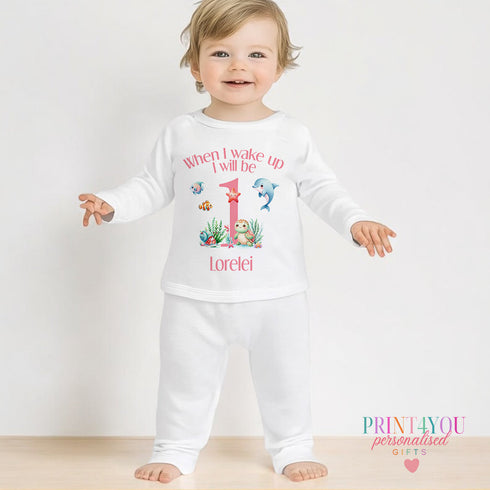 Personalised First Birthday Baby Pyjamas – 100% Cotton - When I wake up Pink Sea Theme