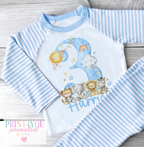 Personalised Blue striped Boys Pyjamas - Night time Safari Numbers 1-5