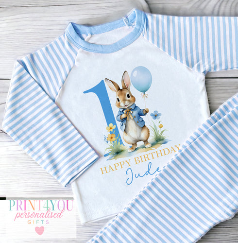 Personalised Blue striped Boys Pyjamas - Blue happy Birthday Rabbit Design